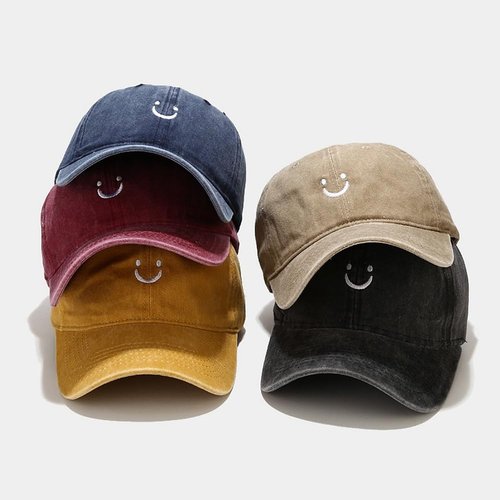 Tefelory Cute Smile Face Baseball Cap for Women Men Adjustable Vintage Washed Cotton Low Profile Dad Hat Black