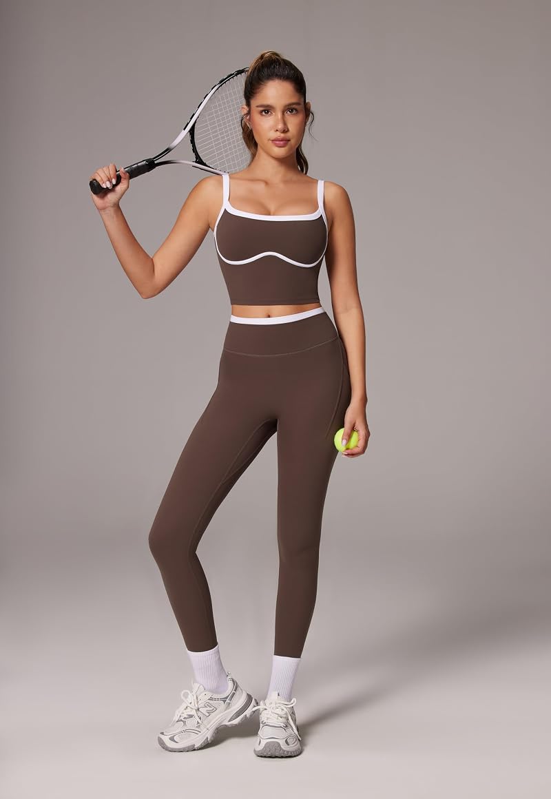 SUUKSESS Color Block 2-Piece Gym Set Women’s Yoga Pilates Outfit Brown Medium