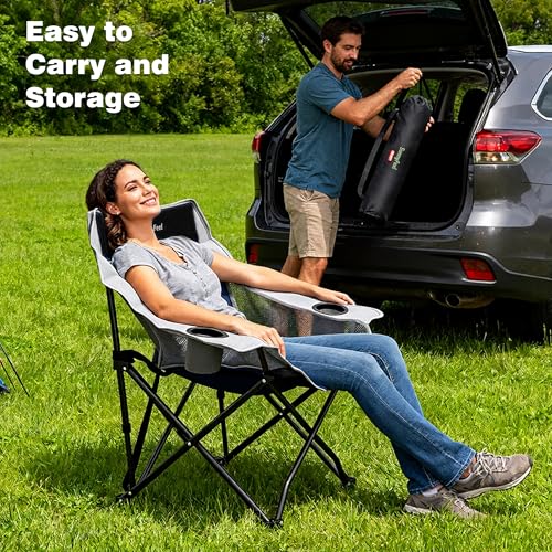 Oversized Camping Chair for Adults Black - Heavy Duty Foldable with Carry Bag, Cup Holder & Side Pockets