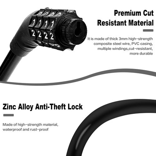 Bike Lock Cable, Bicycle Lock, Bike Locks Heavy Duty Anti Theft, 2Ft Combination Cable Lock for Outdoor Equipment, Black (2Ps, 2Ft, Reset Combo)