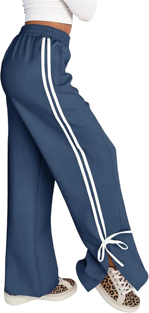 Fisoew Women's Wide Leg Sweatpants - High Waisted, Side Slit, Striped Lounge Pants with Pockets