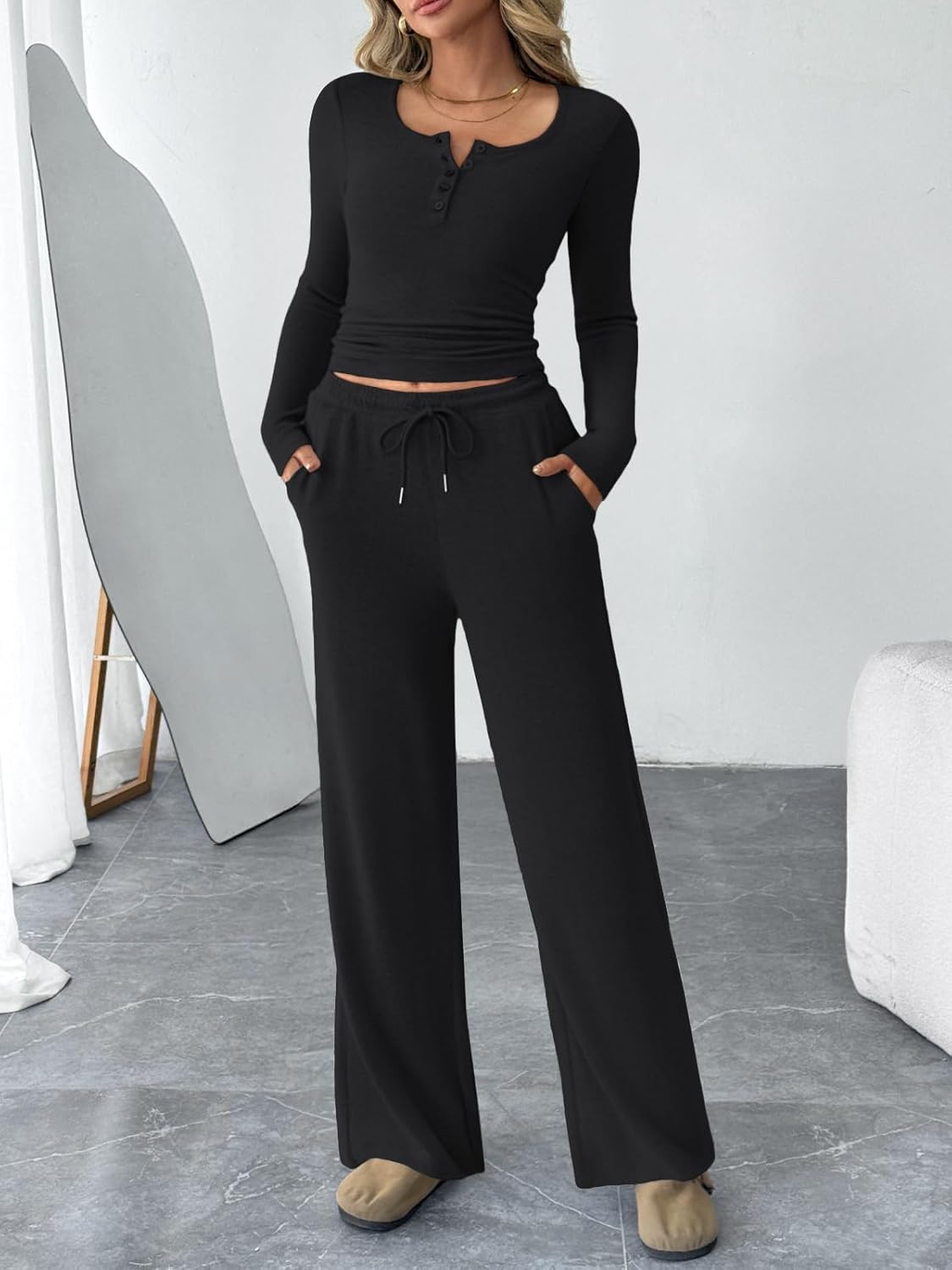 Trendy Queen Women's 2-Piece Lounge Set - Cozy Henley Neck Sweater & Wide Leg Pants | Fall Fashion