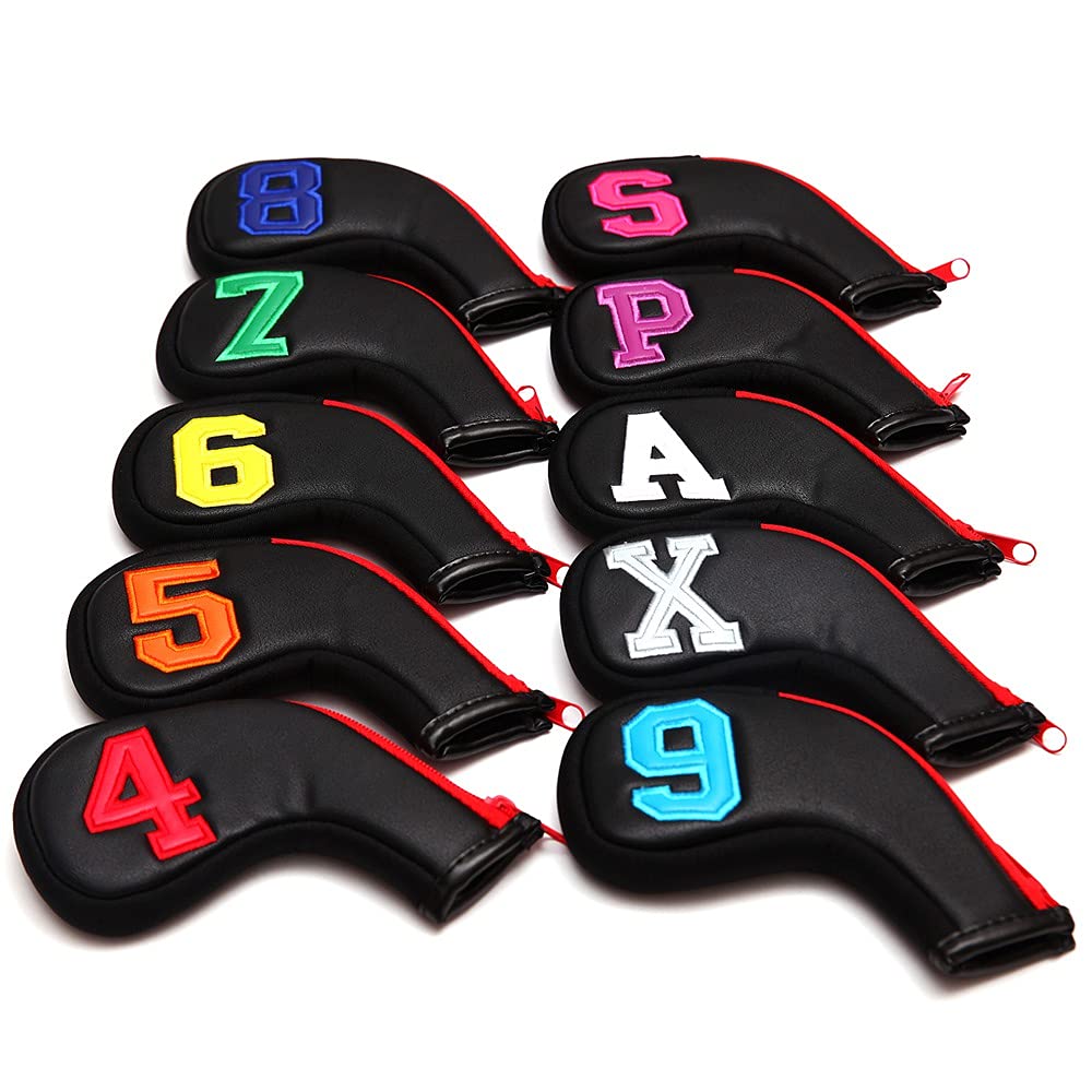 SHABIER Colorful Number Golf Iron Head Covers Iron Headovers Wedges Covers 4-9 ASPX 10pcs (Black with Zipper)