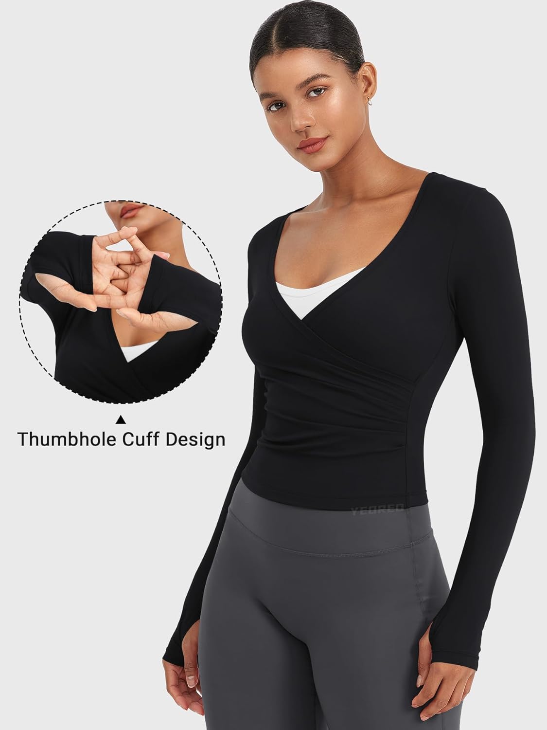 YEOREO Women's Long Sleeve Workout Wrap Top - V Neck with Thumb Holes for Yoga & Pilates