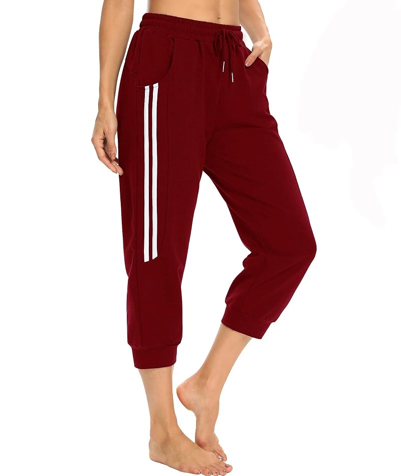 KaiDi Women’s Capri Joggers with Pockets - Wine Red Large