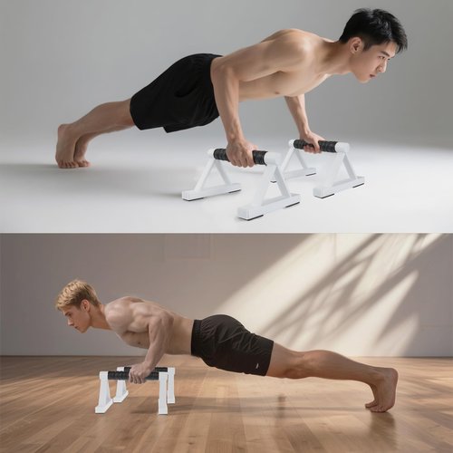 BESTWEI 1 Pair Wooden Parallettes Push Up Bars for Men, Strength Training Pushup Stands Handles for Home Calisthenics, Fitness, Floor Workouts Solid Wood with White Metal Bracket - Support 500 lbs