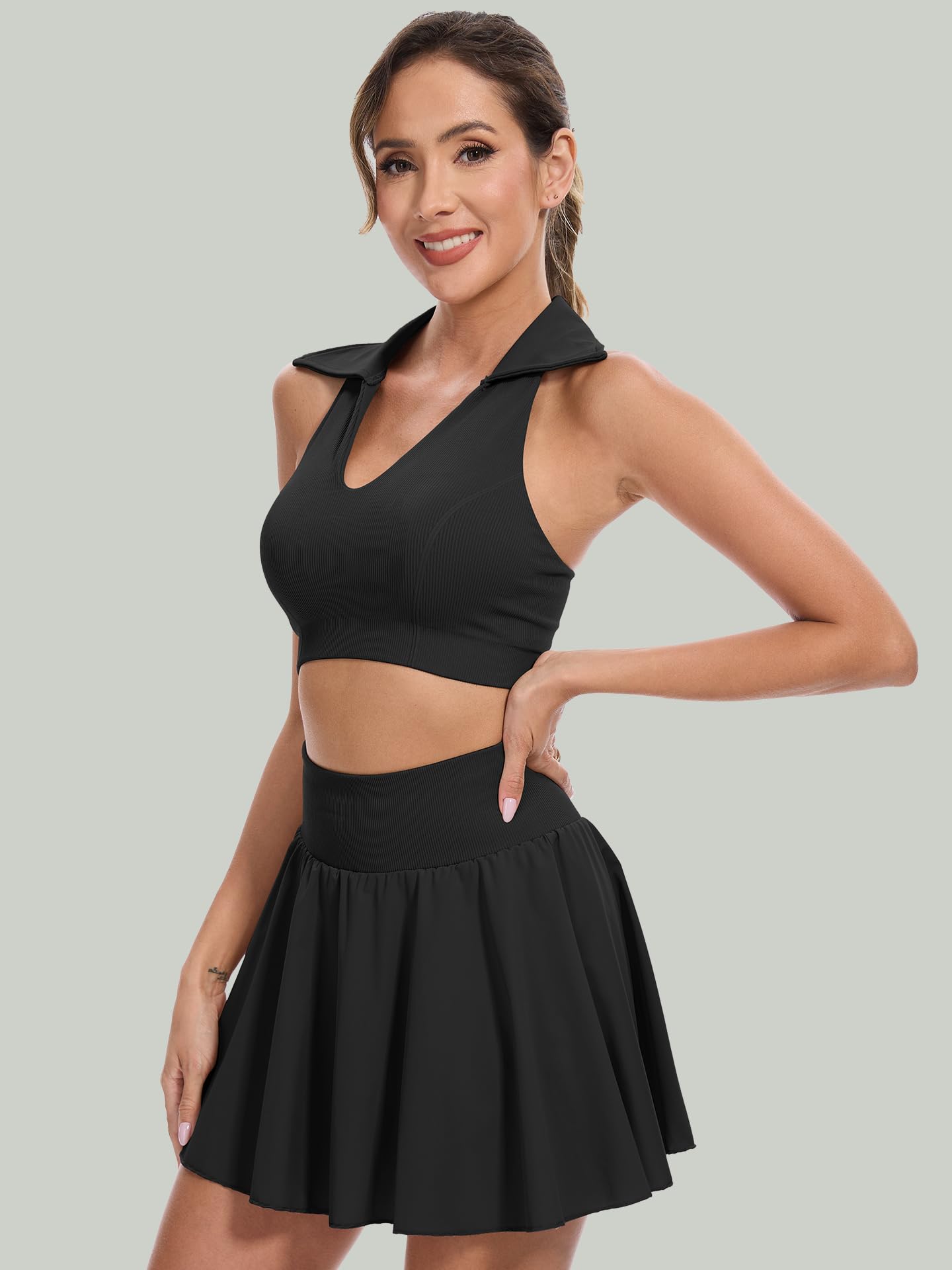 RIOJOY Women’s Workout Tennis Crop Top Collared Sleeveless Racerback Tank Top with Padded Sports Bra Golf Shirts, Black L