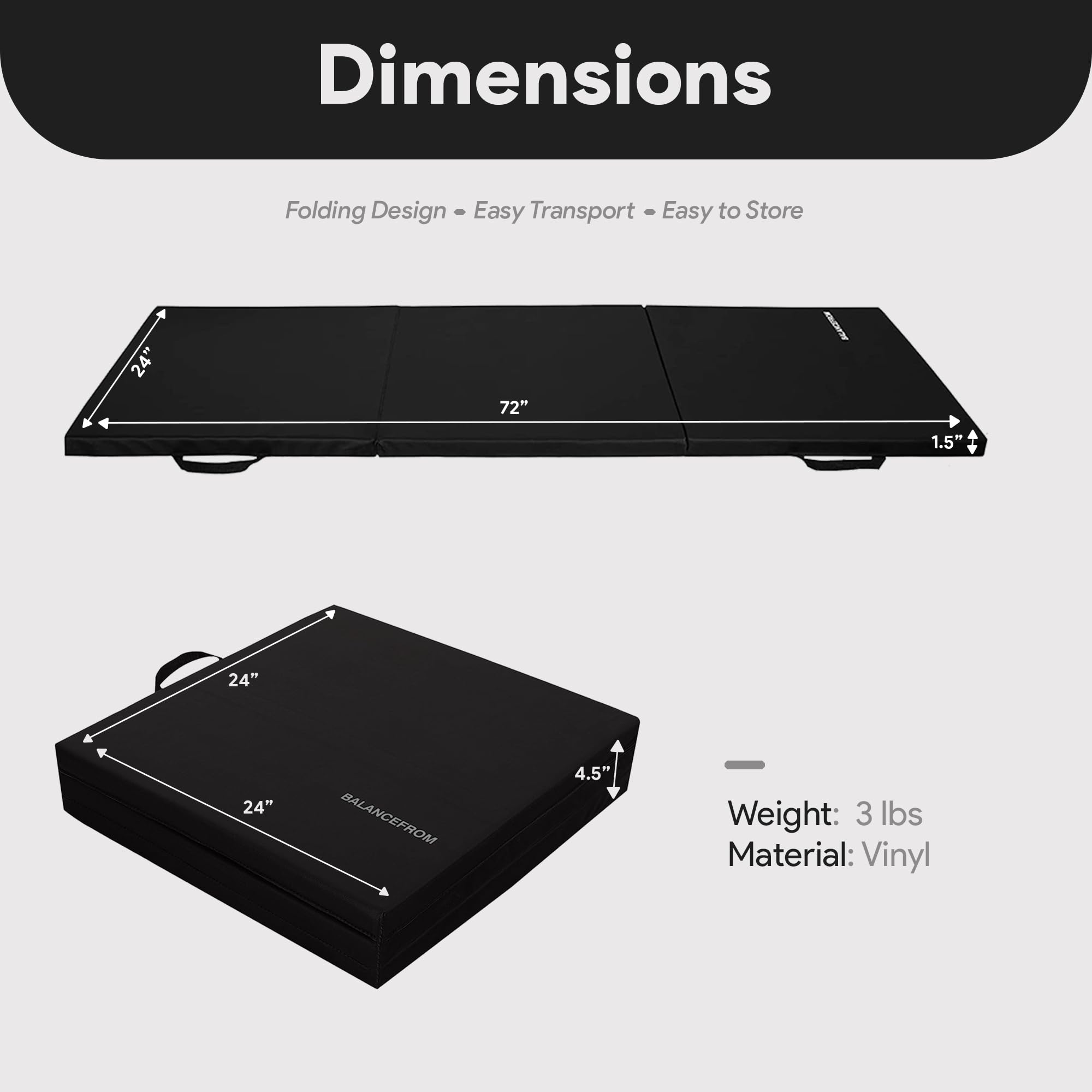 Signature Fitness Three Fold Folding Exercise Mat with Carrying Handles for MMA, Gymnastics and Home Gym Protective Flooring, 1.5-Inch Thick, Black
