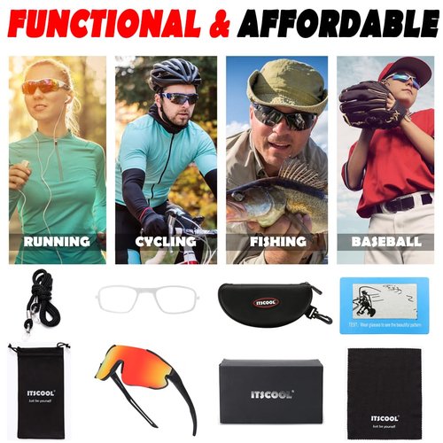 ITSCOOL Polarized Sports Sunglasses for Men Women Lightweight Softball Baseball Running Cycling Glasses UV Protection Black Orange