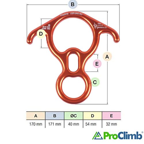 ProClimb 40 kN Rescue Figure 8 Descender - Stainless Steel Belay Device w/Bent-Ears - Figure 8 Belay Device - Descender - Rappelling Devices - Rigging Palates (Aluminum Orange)