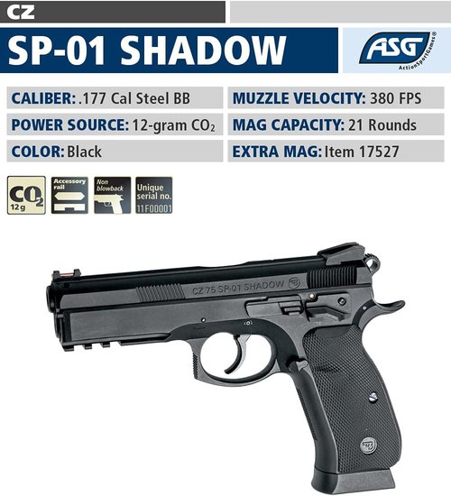 ASG CZ SP-01 Shadow .177 Caliber Steel BB Gun Pistol - Non-Blowback Design for Precision Shooting