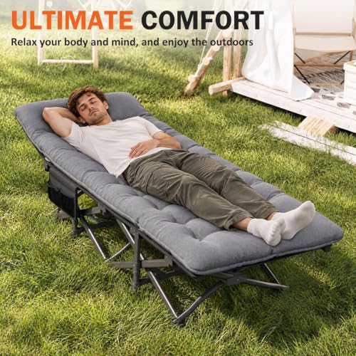 Adult Camping Cot with Cushion - Foldable Bed, Grey Portable Rest