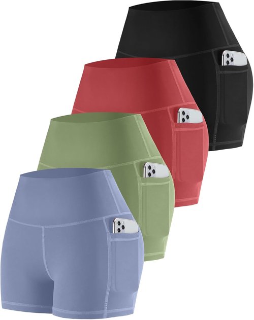 CHRLEISURE Women's Biker Yoga Shorts - High Waisted Tummy Control Spandex | 4-Pack with Pockets