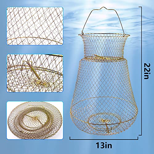 Medium Galvanized Steel Fish Basket - 13x22 Inch Portable Collapsible Fish Trap, Gold