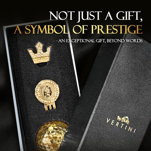 Vertini 24K Gold Plated Golf Ball & Crown Ball Marker Set – Luxury, Unique Golf Gifts for Men, Dad, Boss, Premium Golden Golf Ball and Ball Marker Accessories [ 1Ball & 1Ball Marker ]