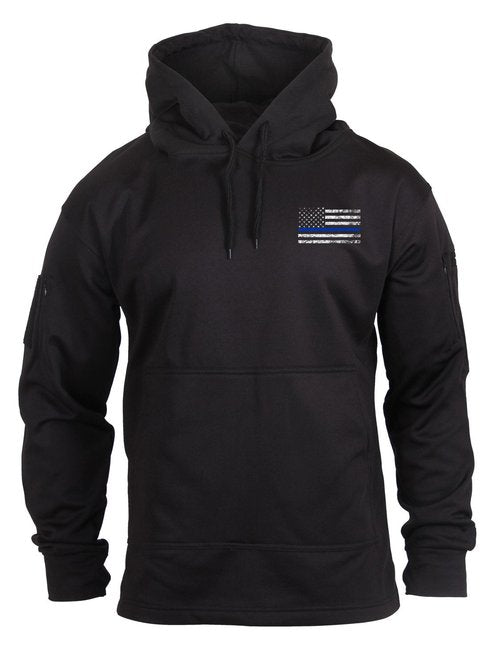 Rothco Conceal-Ops Thin Blue Line Hoodie – Tactical Hooded Sweatshirt with Distressed American Flag Graphics (US, Alpha, XX-Large, Regular, Regular, Black)