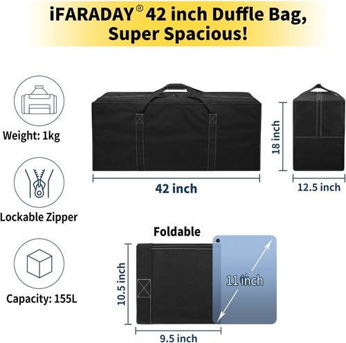 iFARADAY 155L Oversized Duffle Bag - 42” Heavy Duty Water Resistant Travel Bag for Camping & Storage | Black