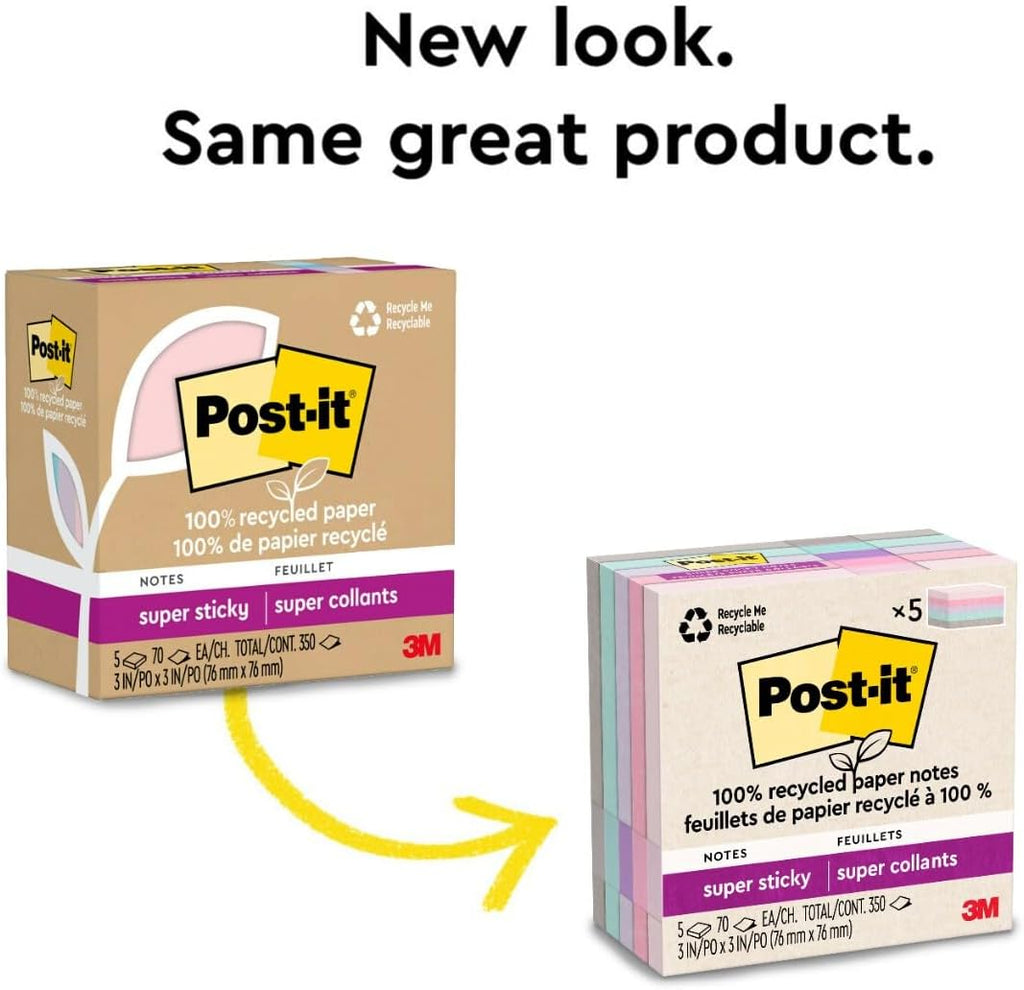 Post-it Super Sticky Notes - 100% Recycled Paper, 3" x 3", 5 Pads in Wanderlust Pastels | Eco-Friendly Office Supplies