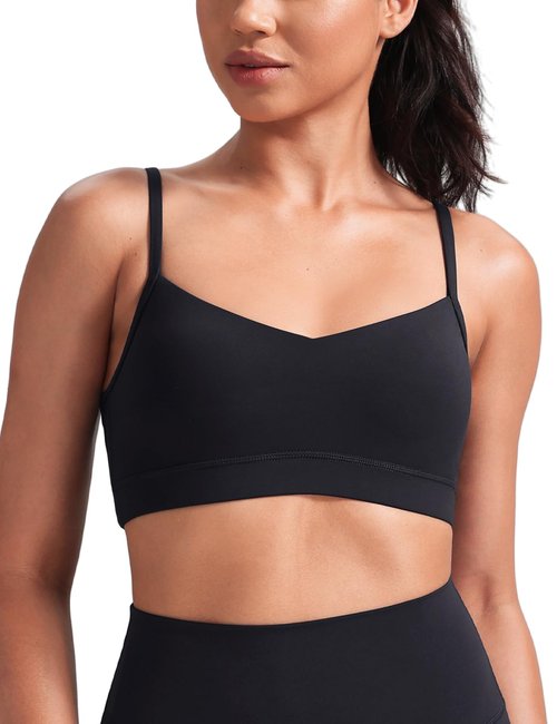 HeyNuts Womens V Neck Sports Bra, Low Impact Spaghetti Thin Strap Scoop Back Wirefree Camisole Workout Athletic Basic Gym Yoga Tops Padded with Built in Bras Black S