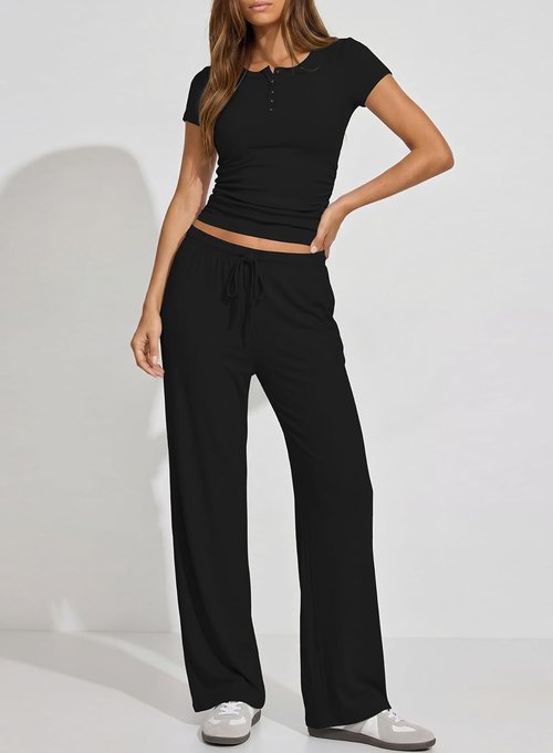 Darong Women's 2-Piece Lounge Set - Summer Short Sleeve Henley & Wide Leg Pants | Travel Outfit