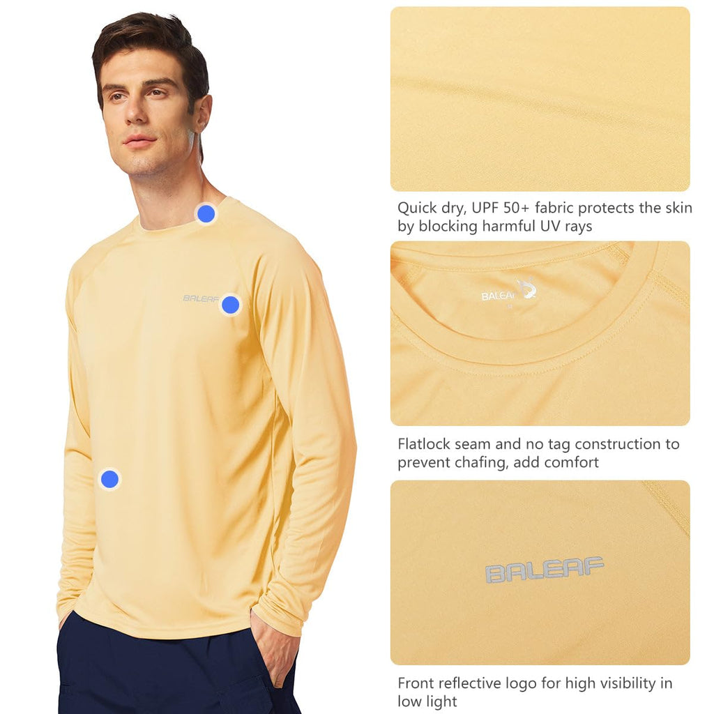 baleaf Mens UPF 50+ Sun Protection Shirts Long Sleeve Rash Guard, Quick Dry 4-Way Stretch for Fishing Swimming Surfing 01-Custard 3XL
