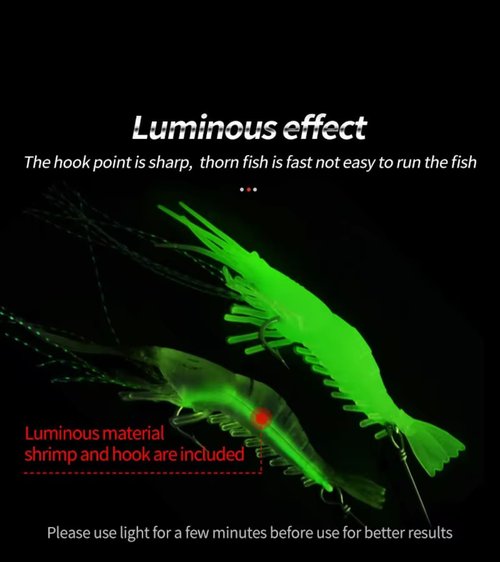 Lumobait 7-Pack Glow Shrimp Fishing Lures - Pre-Rigged Soft Saltwater Bait with Hooks & Beads for Halibut, Flounder, Rockfish, Lingcod