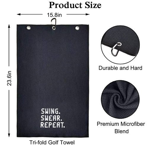 DYJYBMY Swing Swear Repeat Funny Golf Towel, Embroidered Black Golf Towel with Clip, Perfect Golf Birthday Gifts for Husband, Dad, Wife, Mom