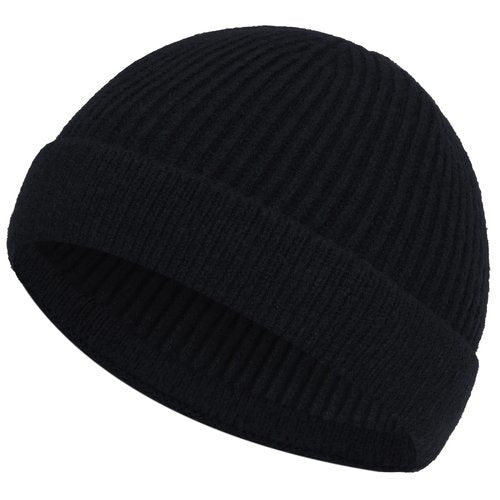 ROYBENS Short Fisherman Beanie for Men Women, Wool Warm Winter Hat, Swag Knit Cuff Soft Trawler Beanies Watch Cap Skull Caps, Black