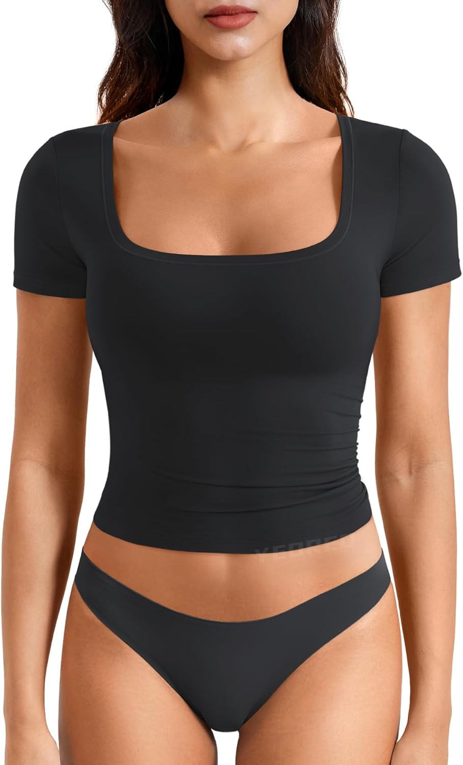 YEOREO Women's Slim Fit Crop Top - Short Sleeve Scoop Neck - Double Lined - Black