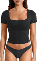 YEOREO Women's Slim Fit Crop Top - Short Sleeve Scoop Neck - Double Lined - Black