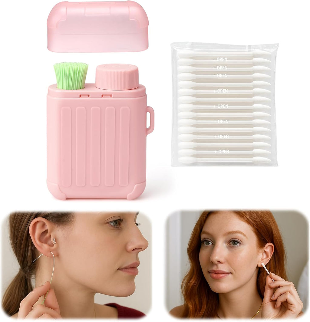 XANGNIER Ear Piercing Cleaner Kit - 240 Disposable Floss & 50 Cotton Swabs for Aftercare | Pink