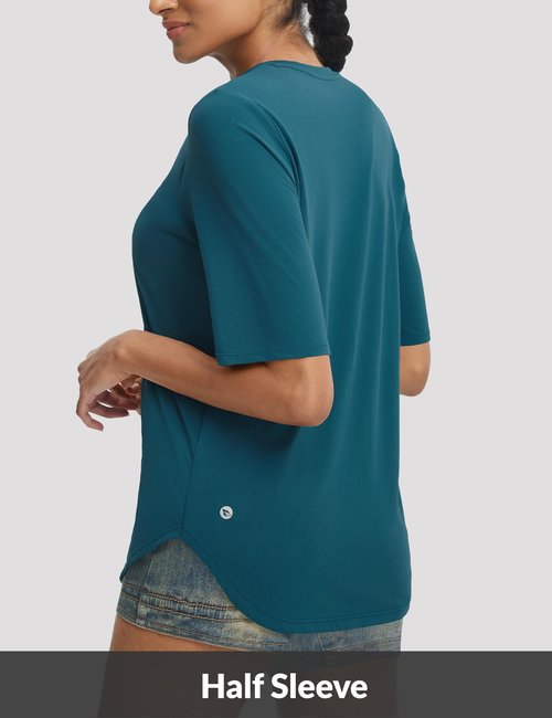 baleaf Womens Half Sleeve Athletic Shirts V Neck Elbow Short Sleeve Workout Tops UPF 50+ Sun Protection UV Yoga Running Blue L