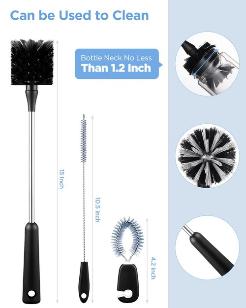 EasyAcc Water Bottle Cleaner Brush, 3 Pack 15 Inches Straw Brush Cleaner for Owala Stanley Hydroflask, Long Handle, with Straw Cleaner & Nipple Brush, for Coffee Mugs, Ice Tea Jars