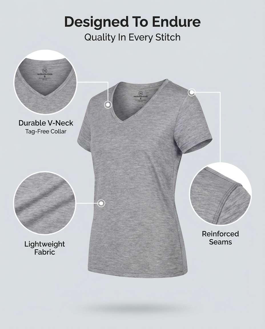 Real Essentials Women's Dry-Fit Short Sleeve V-Neck T-Shirt - 5 Pack Workout & Yoga Tops (Plus Size Available)