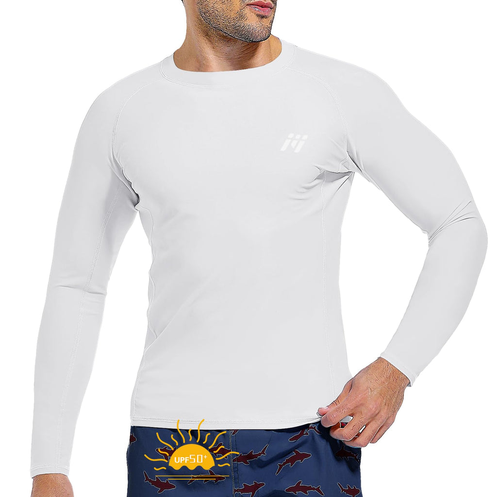 Sun Protection Swim Shirts for Men: SPF UPF 50+ UV Long Sleeve Rash Guard for Fishing Hiking Running Workout Athletic White