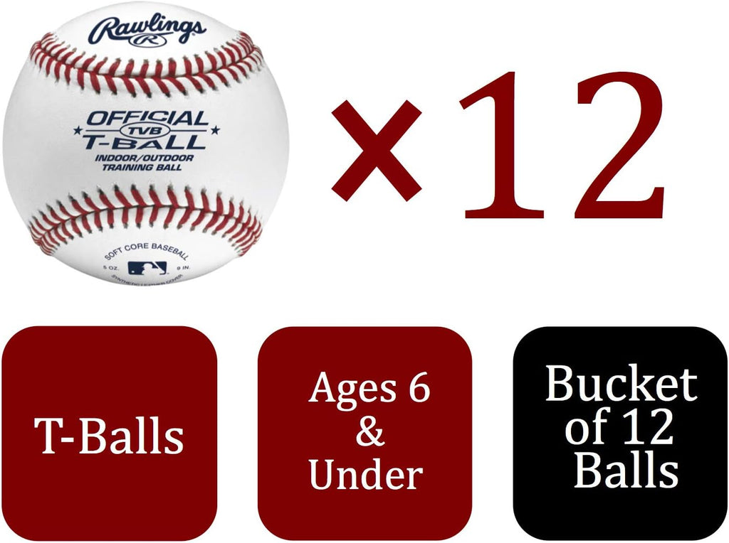 Rawlings Official T-Balls - Youth 6U | 12 Count Bucket | Sponge Rubber Core for Indoor/Outdoor Play