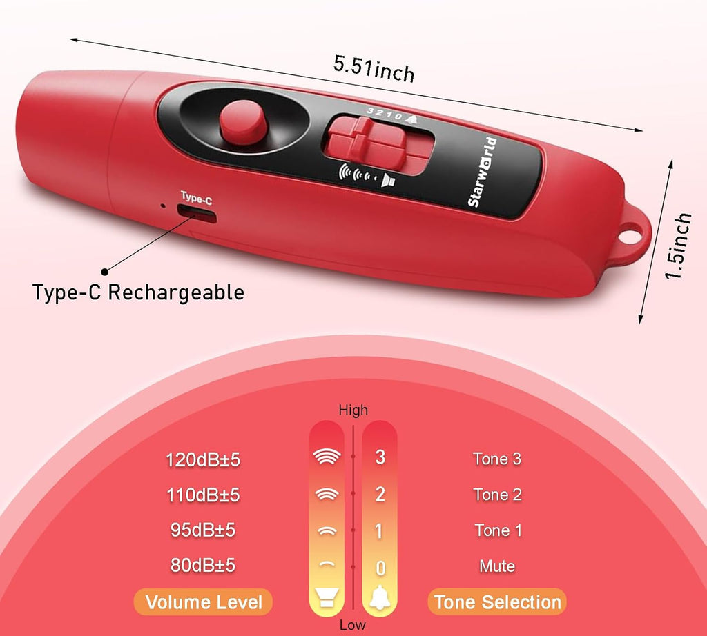 StarWorld Rechargeable Bear Horn - 120dB Electronic Air Horn with 4 Volume Levels & LED Light | Wildlife Defense (Red)