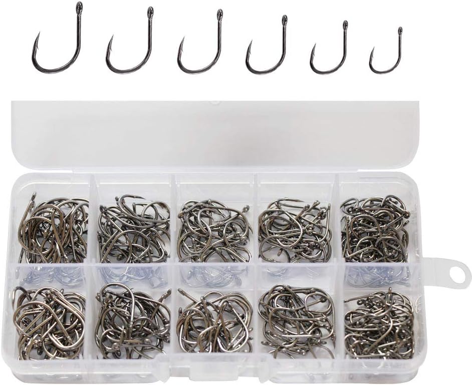 Skiennix 300pcs Fishing Hooks Set - Black High Carbon Steel with 6 Sizes & Plastic Box