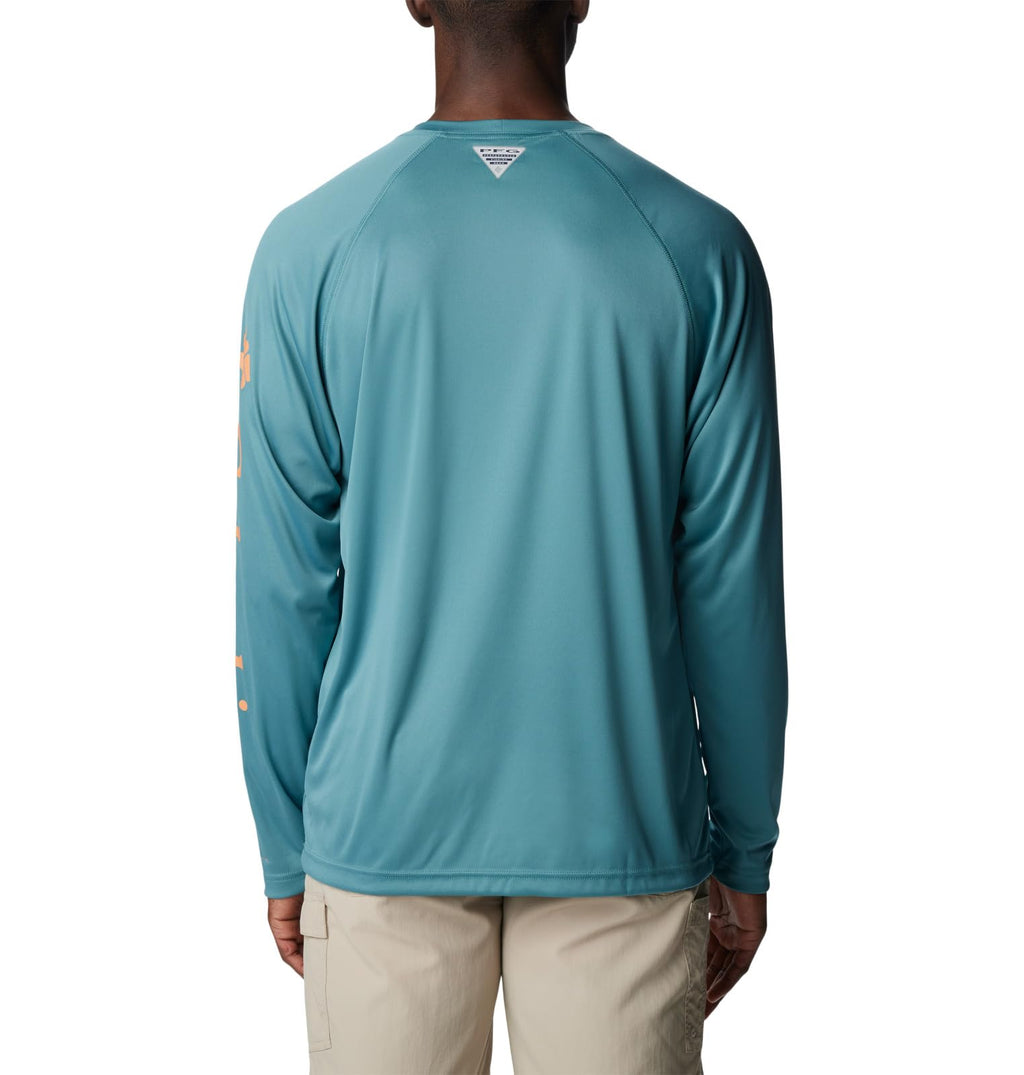 Columbia Men's Terminal Tackle Long Sleeve Fishing Shirt, Tranquil Teal/Orange Reef Logo, Large