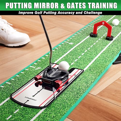 CHAMPKEY Green Golf Putting Mat with Bunker & Water Hazards, Mirror & Gates - Progressive Slope & Noise Reduction Tech