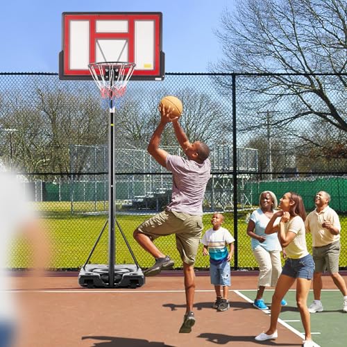 DUMOS 10FT Adjustable Portable Basketball Hoop with 44-inch Shatterproof Backboard, Fillable Base & Wheels - Red & Black, Indoor/Outdoor