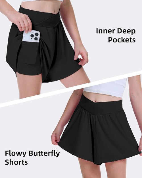 FireSwan Girls Butterfly Shorts - 2-in-1 Crossover Athletic Skorts with Pockets for Teens & Youth