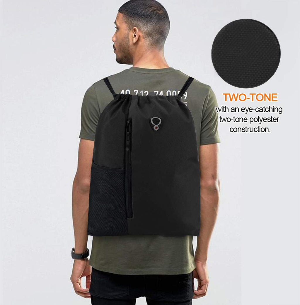 BeeGreen White Drawstring Backpack Gym Bag For Men & Women – Sports Sackpack with Mesh Water Bottle Holder & 2 Zippered Pockets – Large 16x20 Inch Cinch String Backpack Workout Bag for Running, Travel