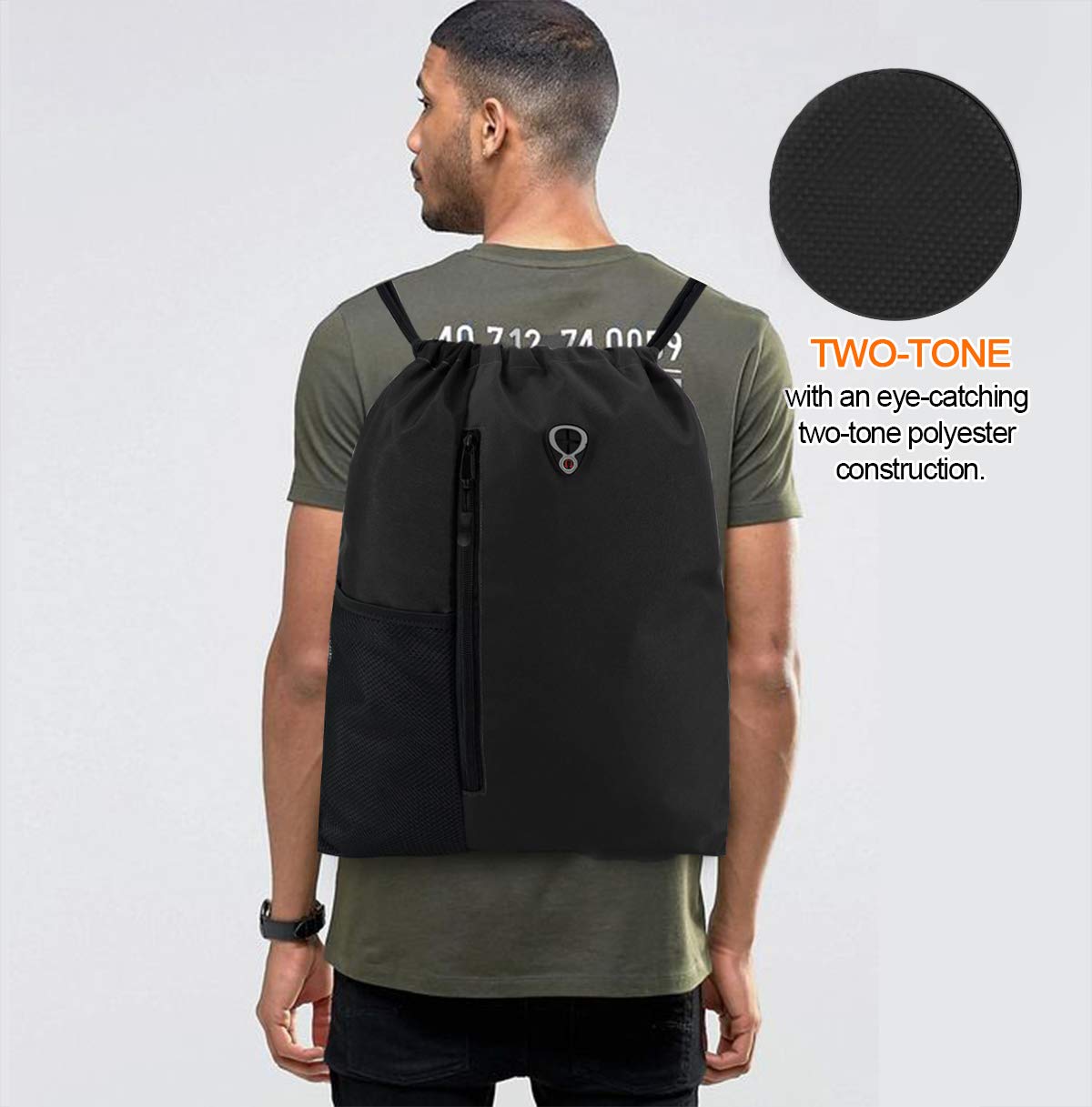 BeeGreen White Drawstring Backpack Gym Bag For Men & Women – Sports Sackpack with Mesh Water Bottle Holder & 2 Zippered Pockets – Large 16x20 Inch Cinch String Backpack Workout Bag for Running, Travel