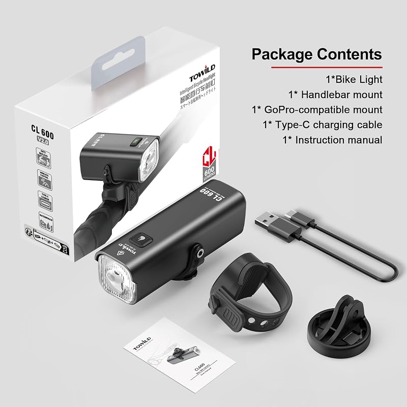 Towild CL600 Bike Front Light — Rechargeable, Waterproof, Garmin/GoPro Mount Compatible