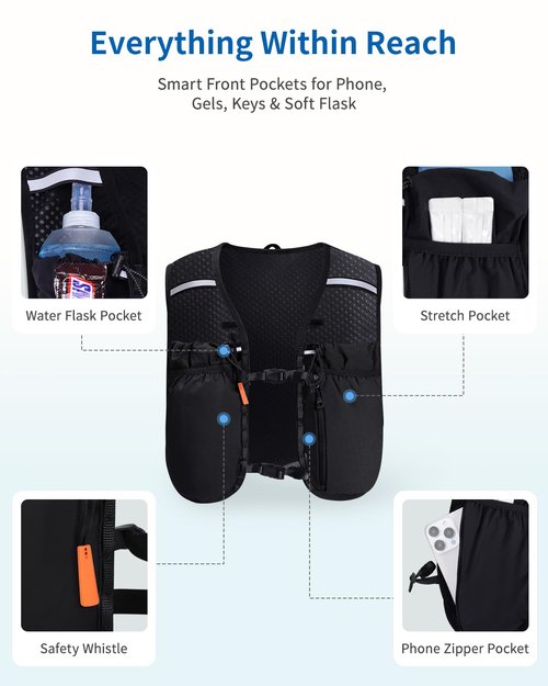 ECOHUB Running Hydration Vest Backpack, Lightweight Hydration Pack Bag Daypack for Hiking Cycling Marathon Backpack Vest for Women Men (No Bladder Included) (Black)