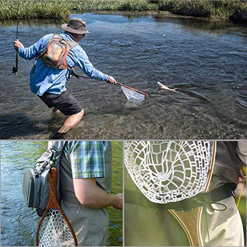 PLUSINNO Fly Fishing Landing Net Wooden Handle with Magnetic Release - Straight Handle