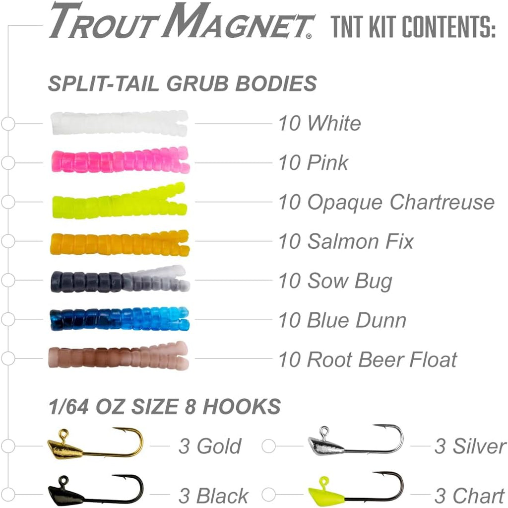 Trout Magnet TNT Kit - 82-Piece Fishing Lure Set with 70 Soft Plastics & 12 Jig Heads | Top 7 Colors