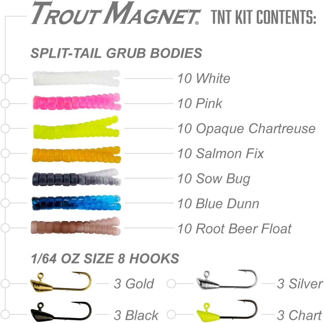 Trout Magnet TNT Kit - 82-Piece Fishing Lure Set with 70 Soft Plastics & 12 Jig Heads | Top 7 Colors