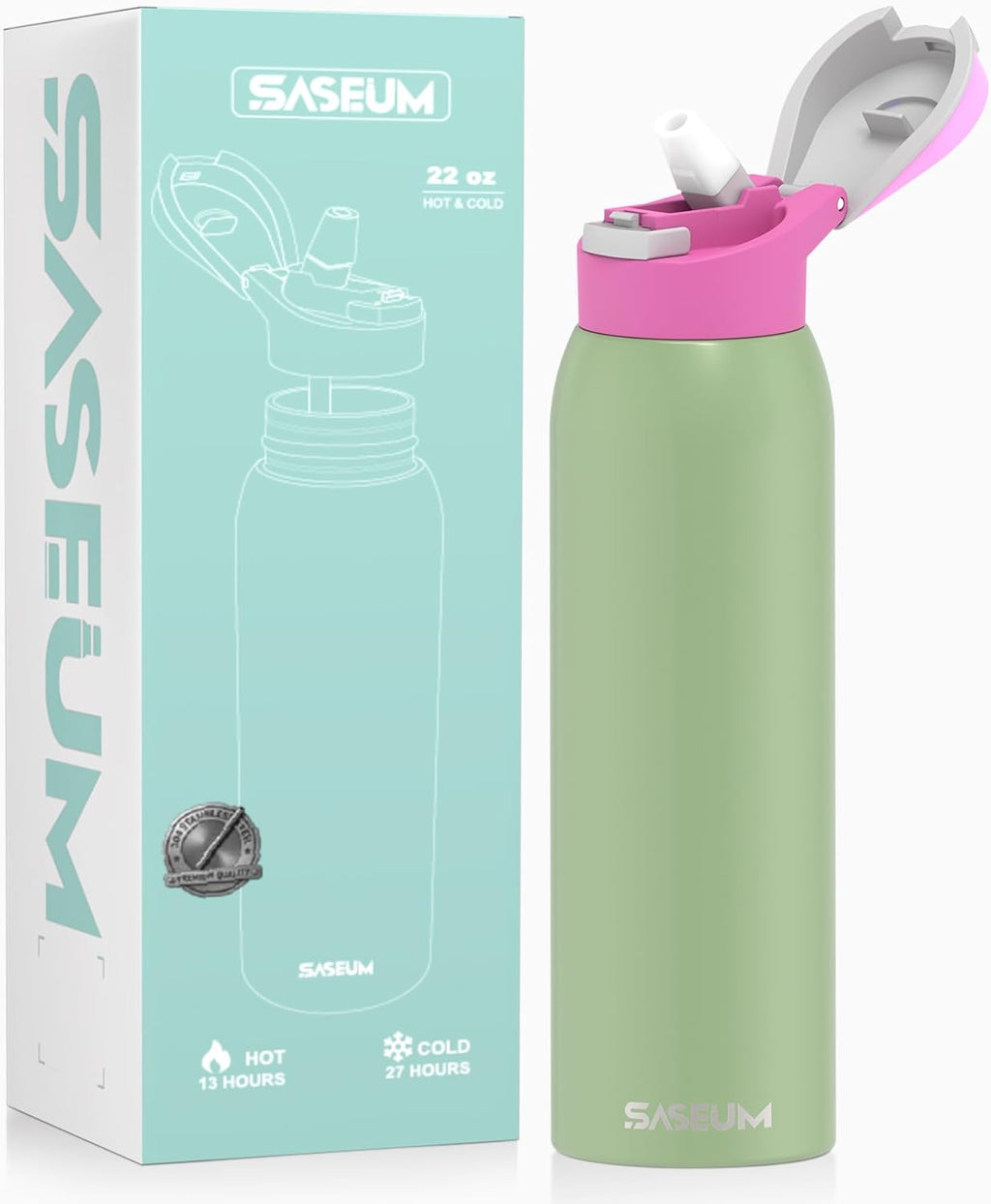 Saseum Water Bottle with Straw, 24 oz Free-Sip Double-Wall Vacuum Insulated Stainless Steel Bottle, One-Click Open Design with Soft Silicone Spout, BPA-Free, Ideal for School, Sports & Travel